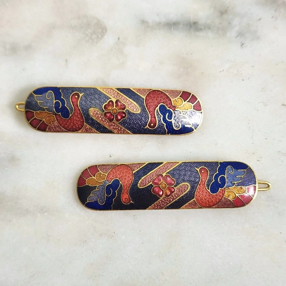 Vintage Cloisonne Enamel Hair Clips Set Blue Red Bird Floral Gold Tone Slides